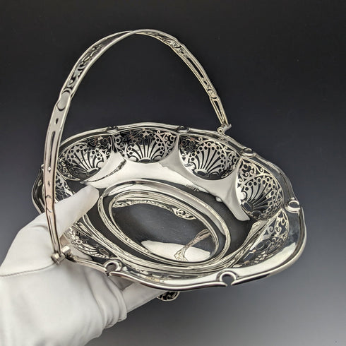 1907 British Antique Sterling Silver Basket Earrings Movable Handle 347g Walker&Hall